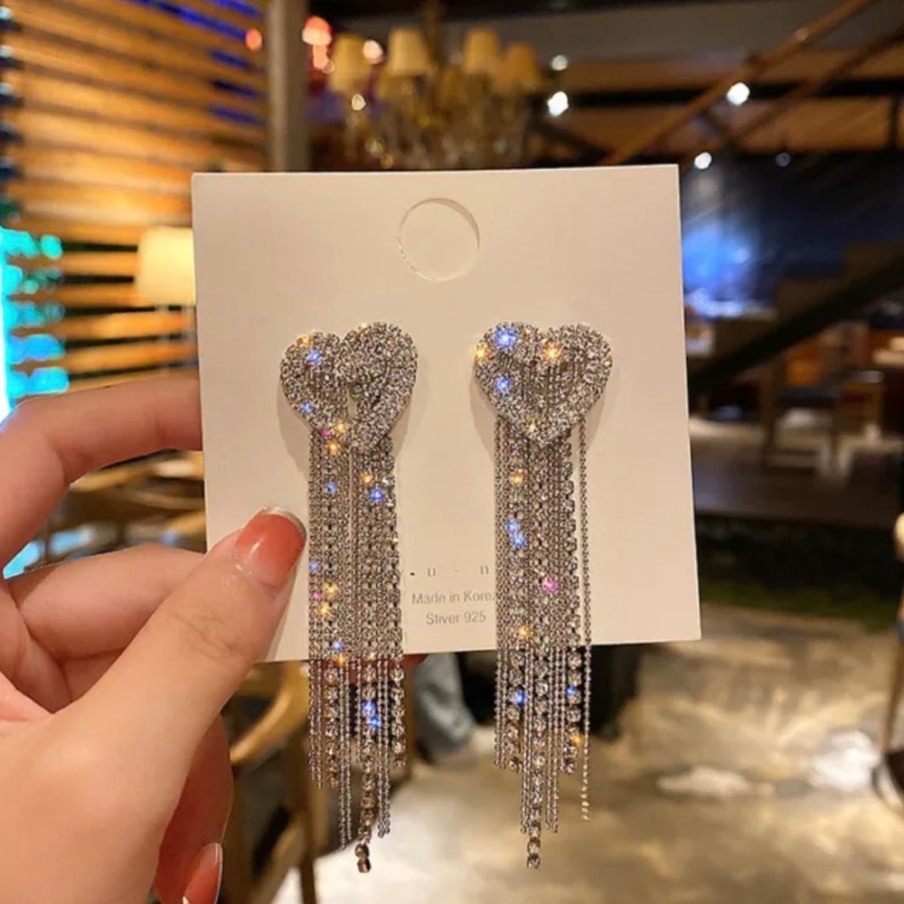 Wedding Crystal Heart Long Tassel Earrings Drop Dangle Women Party Jewelry Gifts